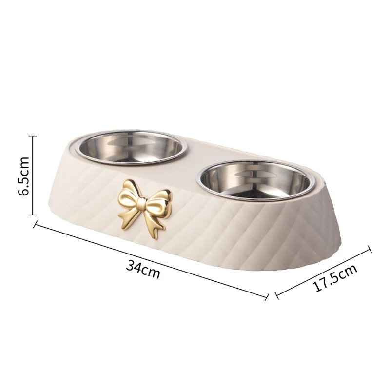 Automatic Ceramic Pet Food Bowl for Small Dogs & Cats 201 Stainless Steel Double Bow tie Design Beige Indoor Use 200g Capacity dh910320090