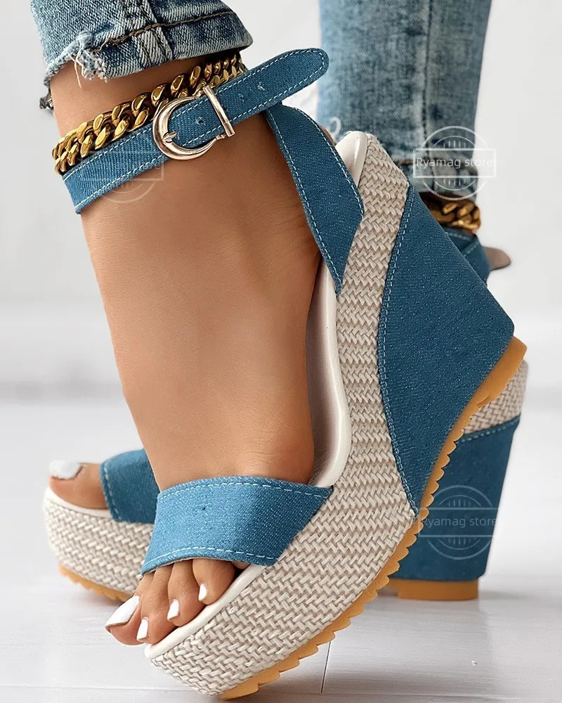 Sandals Womens Ankle Strap Peep Toe Platform Denim Wedge Sandals Zapatos De Mujer Womens Spring Shoes 240611