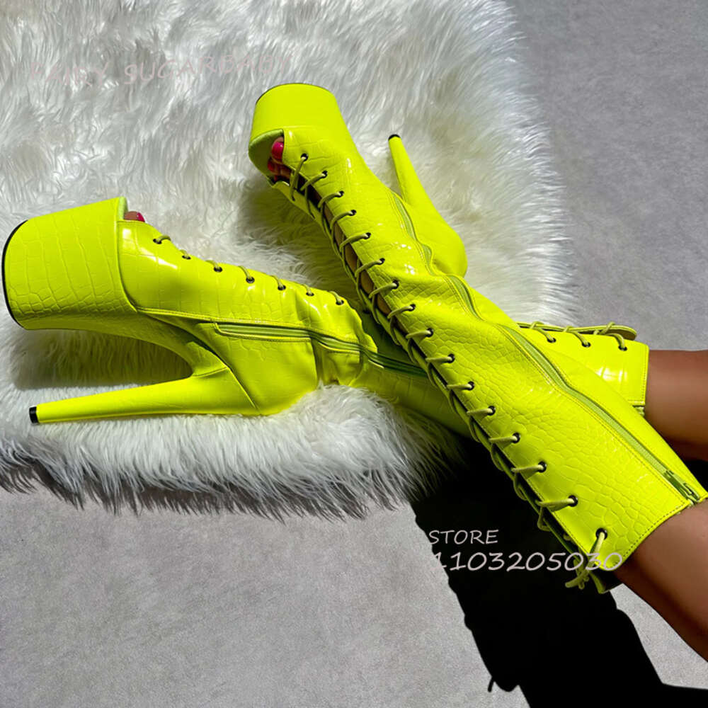Bright Yellow Dazzling Boots Platform Women Lace Peep Toe Zipper Knee Booties Calf Open Pole Dance Sexy Girls Shoes