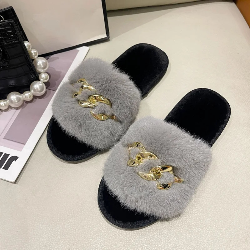 Autumn Winter Open Toe Furry Fluffy Slippers Women Home Indoor Warm Thick-soled Slipper Fashion Cotton Slippers Zapatillas Mujer 240611