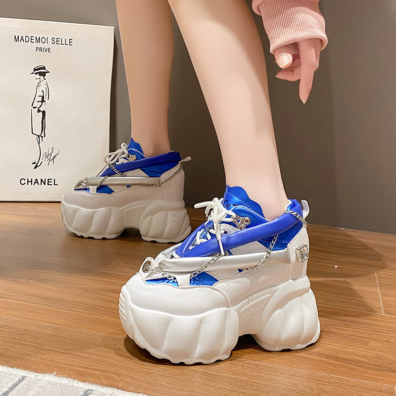 2023 Bling Chain Chunky Sneakers New Designer High Top Platform Casual Shoes Females Spring 10CM Wedge Heels Sport Leather Shoes
