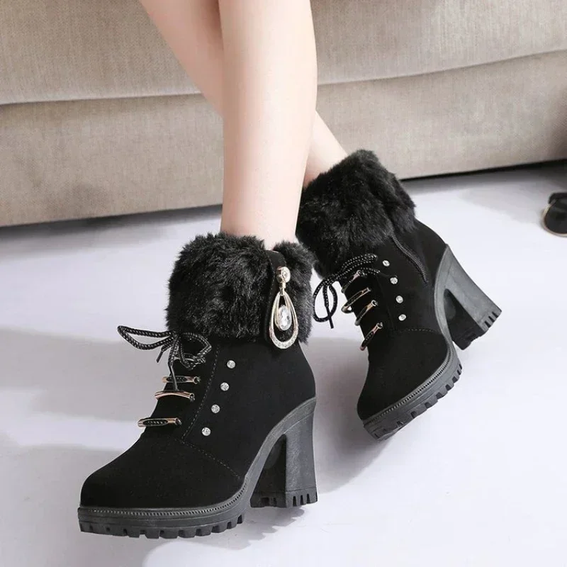 Suede Winter Designer Heels Shoes for Women 2023 New Short Plush High Platform Ankle Boots Elegant Botas Mujer 28ec