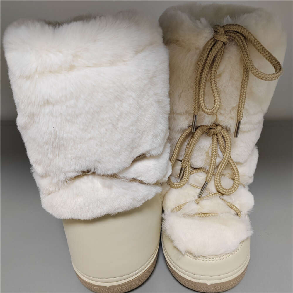 2023 Winter Snow Mid-Calf Lace-Up Rabbit Women Ski Female Brand Design Platform Waterproof Leather Fur Boots