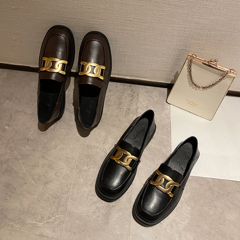 2023 Brand Metal Chain Oxfords Women Small Leather Shoes Square Toe Thick Heels Loafers Femmes Moccasins Ladies Flats Sneakers