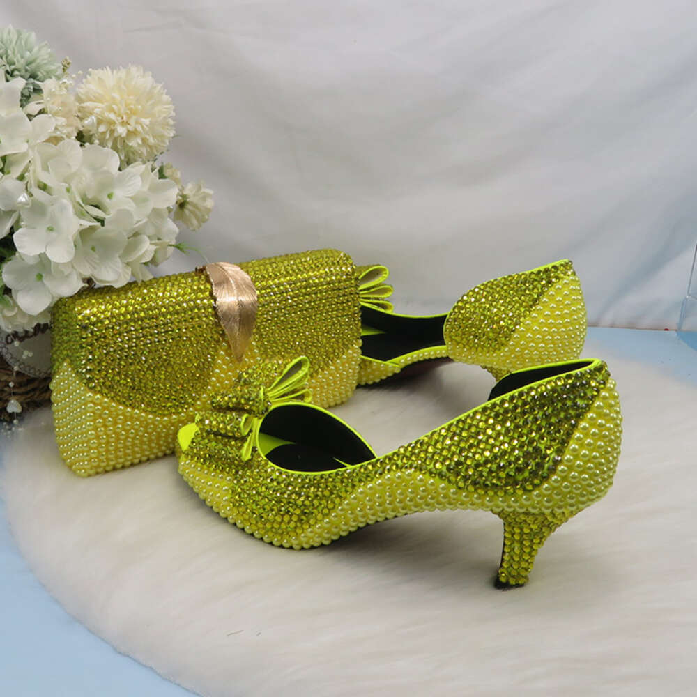2022 New Arrival Lemon Yellow Crystal Women Wedding Matching Bags Peep Toe High Pumps Fashion Open Toe Shoes And Purse