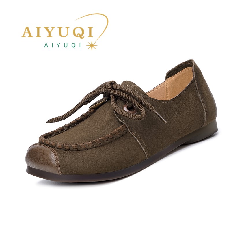 Women's AIYUQI Loafers Spring 2024 New Genuine Leather Casual Lace-Up Retro Flat Shoes Women db52