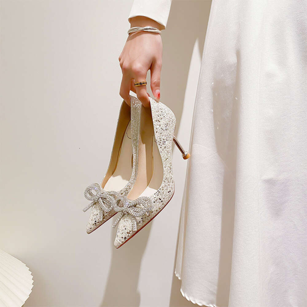 8Cm Fashion New High Heels With Rhinestone Bow Pointed Toe Sequins Pumps Wedding Bride Shoes For Women 41 42 43