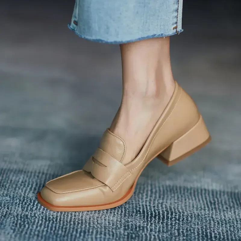 for Shoes Woman Low Heel Elegant Women's Summer Footwear Black New Loafers Normal Leather Casual Square Toe with Discount Chic2024 5004