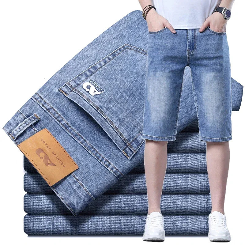 Thin Slim Stretch Short Jeans Men Summer Business Casual Light Blue Cotton Straight Soft Denim Shorts Male Beach Pants 240601