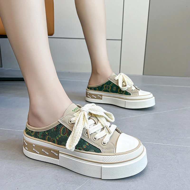 Womens slider fashion womens treasure head half slider wearing young girl sports shoes style muffin lace casual canvas platform shoes 240611