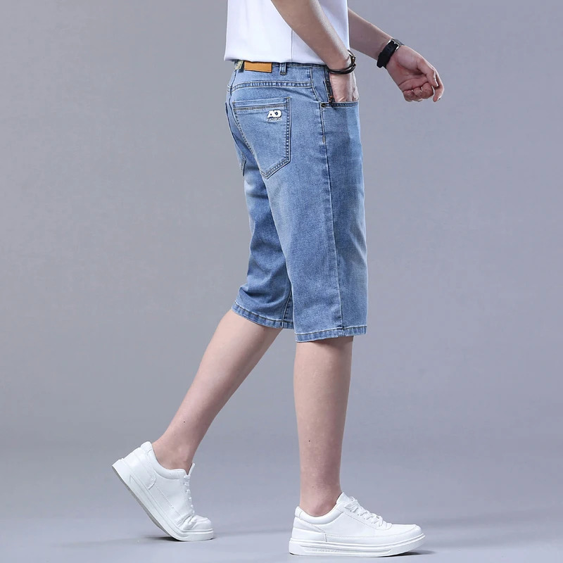 Thin Slim Stretch Short Jeans Men Summer Business Casual Light Blue Cotton Straight Soft Denim Shorts Male Beach Pants 240601