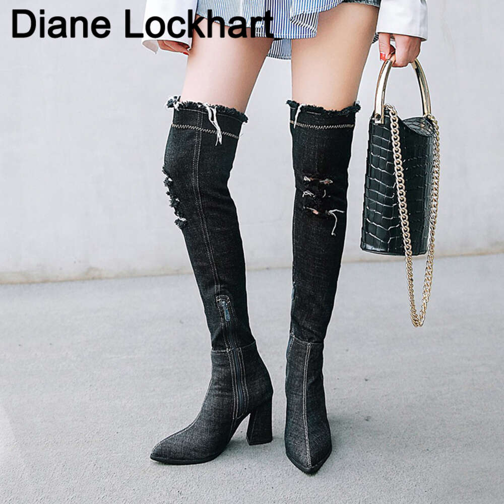 Fashion Over The Knee Denim Women Pointed Toe Gladiator Heeled Long Boot High Heel Broken Holes Jean Boots Femal Shoe