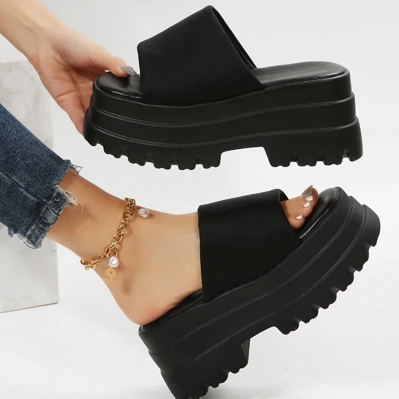 2024 Summer Womens Single Band Platform Sandals Black Nylon Thick Platform Wedge Sliding Sandals 240611
