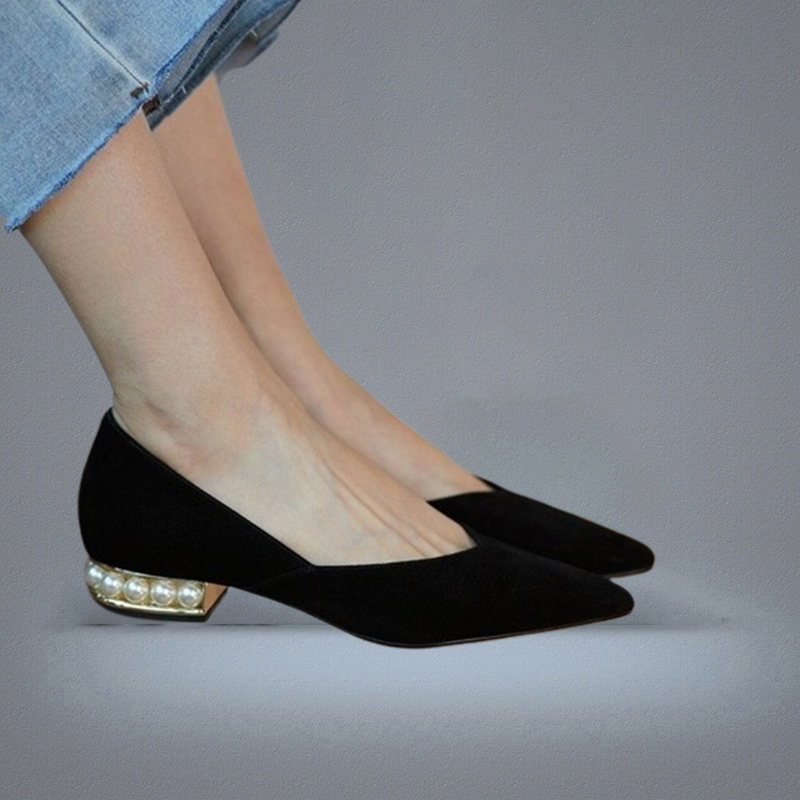 Autumn Women Flats Pearl Heeled Slip on Shoes Woman Ballet Flats Pointed Toe Dress Shoes Faux Suede Ladies Shoes 8301N