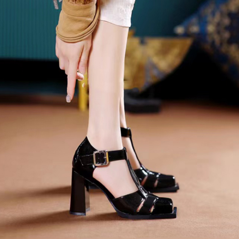 2025 new Janes Mary Shoes Square Toe Hollow Out Pumps Woman Thick Heel Patent Leather High Heels Sandals Women 2023 Summer 780c s