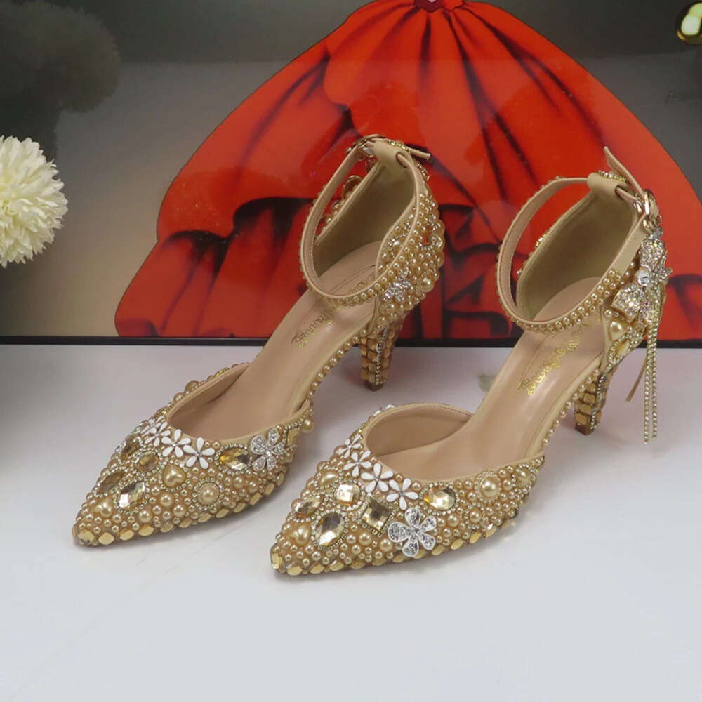 New Pointed Toe Bridal Wedding Shoes Bag Champagne Gold Crystal Party Shoes Ankle Strap Thin High Bowknot Pumps And Handbag