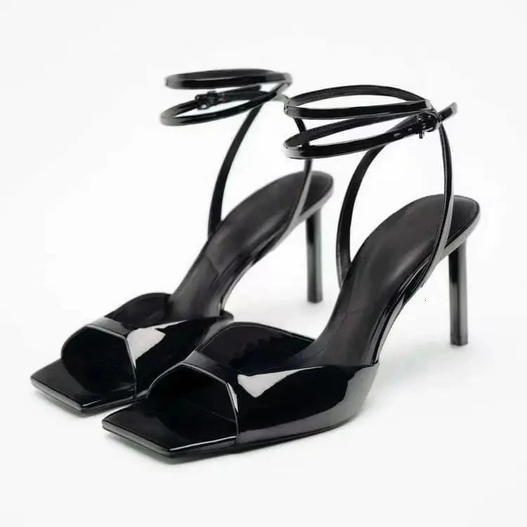 European and American High Quality Women Shoes Black patent leather square toe open back strap high heel sandals 240611