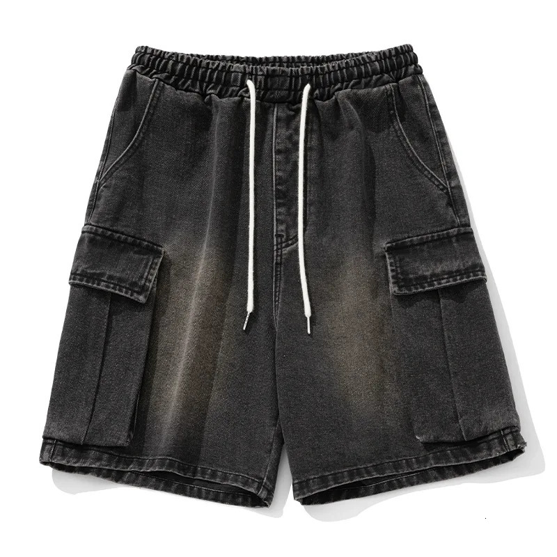2024 Summer Mens Cargo Jean Shorts Korean Street fashion large pocket Denim Knee Length Wide Leg Y2K Clothing 240601