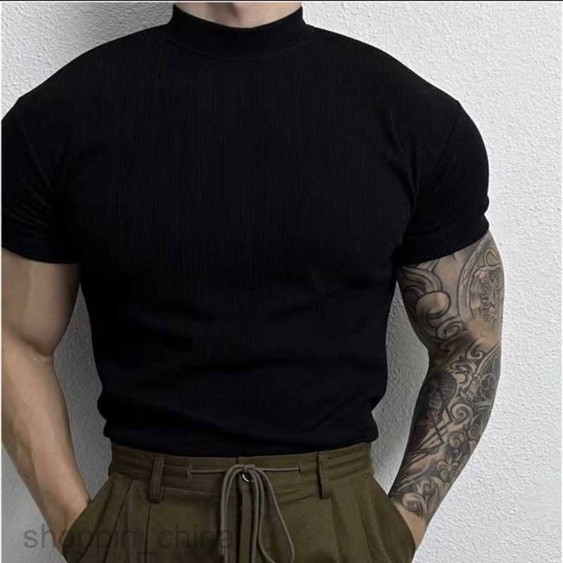 Men's T Shirts 300 kg oversized men's summer new design solid color half high neck thread elastic slimming short sleeved T-shirt for men tee