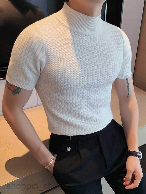 Men's T Shirts New Spring and Autumn Knitted Short sleeved Half High Neck T-shirt Men Slim Fit Inner Layup Top Man Sweater Bottom tees tops