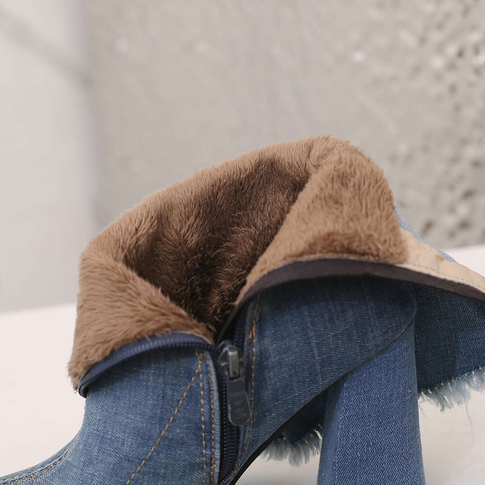 2023 Fashion Denim Western Women Ankle Sexy High Heel Pointed Cowboy Zipper Autumn Winter Stretch Boots Woman Shoes
