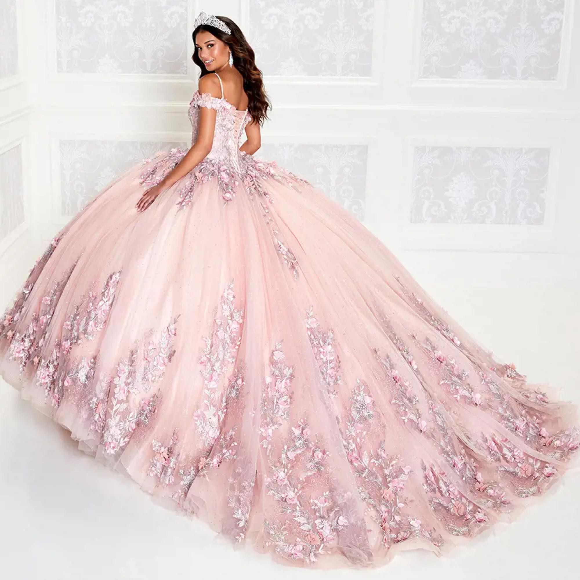 Pink Mexican Quinceanera Dresses Ball Gown Off The Shoulder Tulle Floral Puffy Charro Sweet 16 Dresses 15 Anos