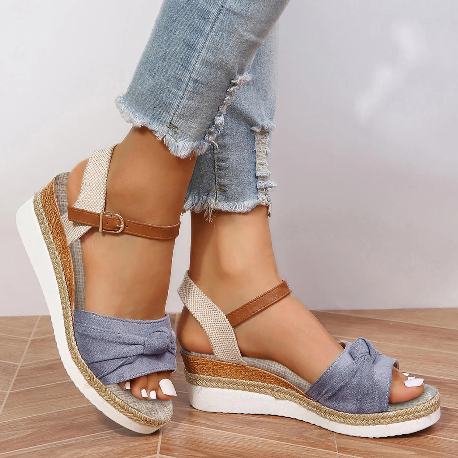 Color Block Knot Detail Espadrille Strap Wedge Sandals For Women Casual Open Toe Sandals Roman Platform Sandals 240611