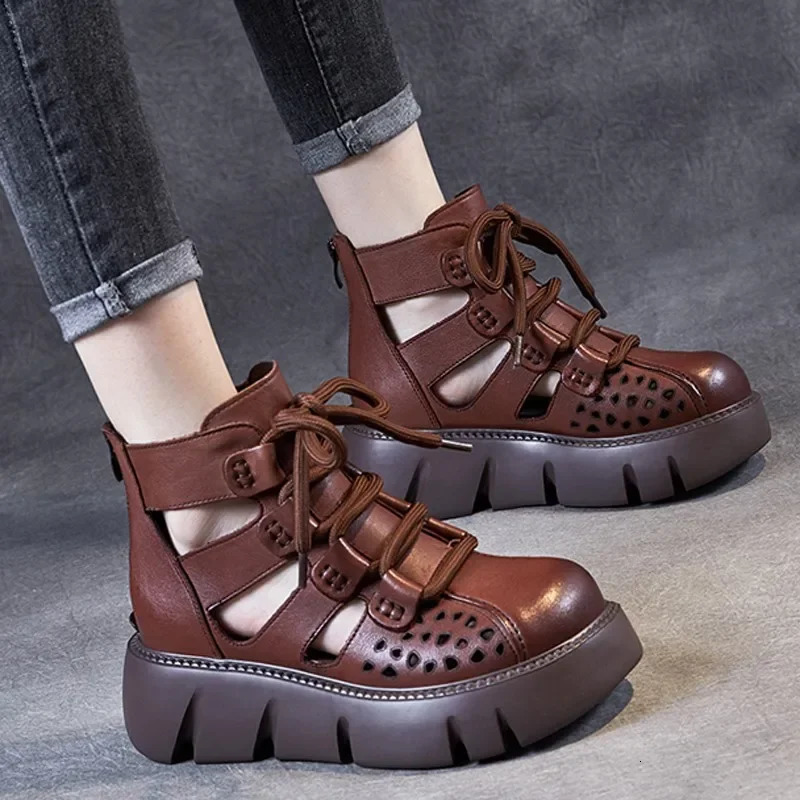 Handmade Retro Women Platform Sandals Pu Leather Hollow Baotou Wedges Gladiator Shoe Back Zipper Thick Bottom Cool Boot 240611