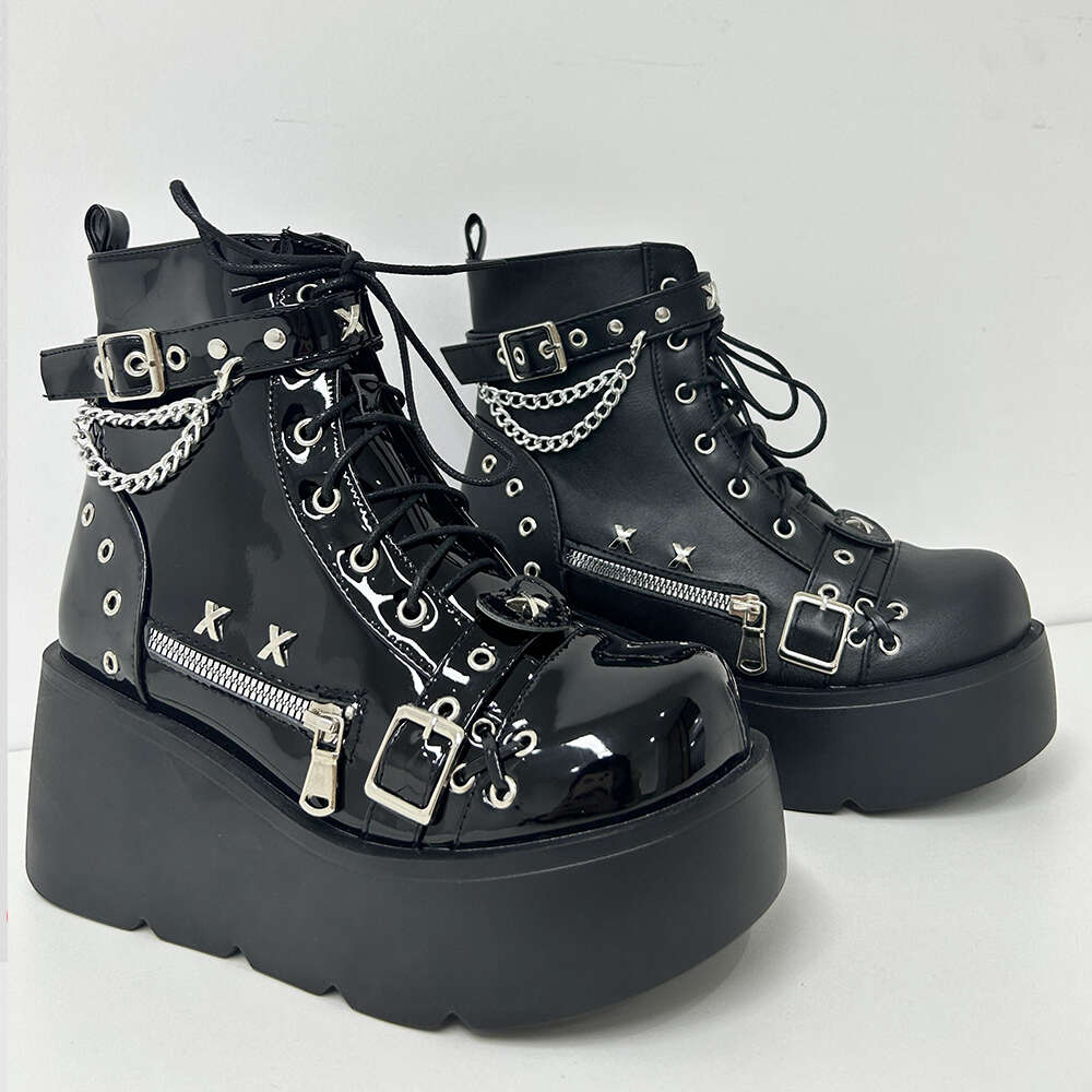 GIGIFOX Women Platform Gothic Ankle Combat Boots Rivet Chain Wedges Punk Cosplay Zip Booties Autumn Winter Motorcycle Shoes