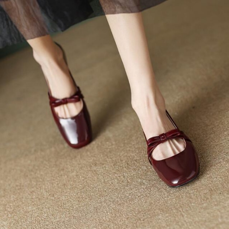 Women New Mary Jane Red Ladies Footwear Japanese Style Lolita Low Elegant Bow New Leather Chunky Heel Shoes 68c3