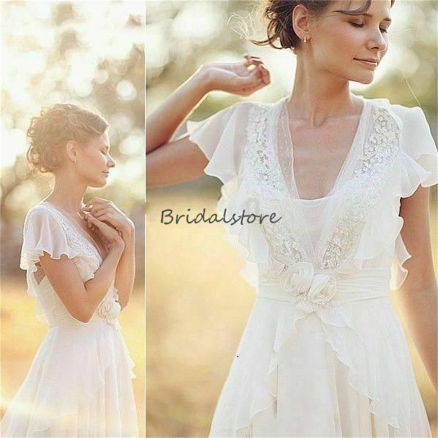 Celtic Cap Sleeves Boho Wedding Dresses 2024 Fairy 3D Florals Bohemian Bride Dress Hippies Chiffon Civil Backless Farm Bridal Dress Vestios De Novias 