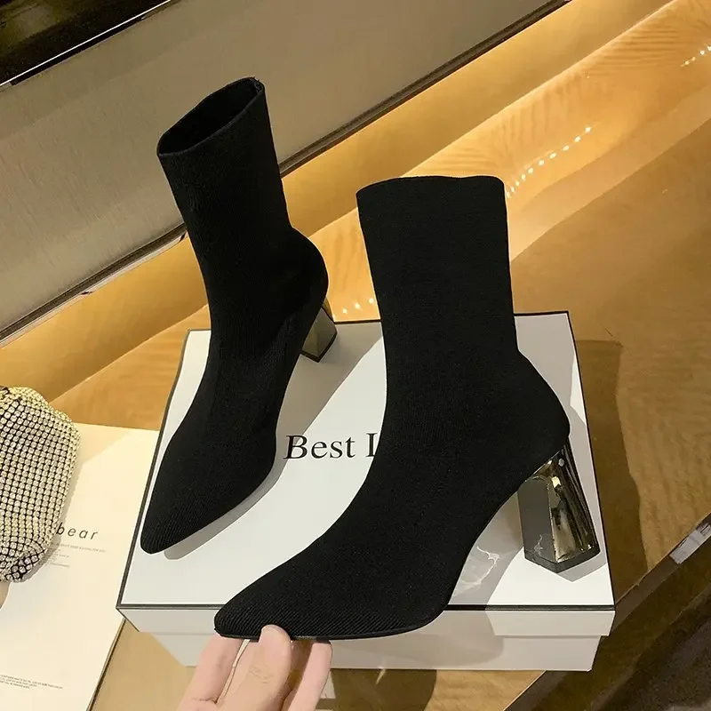 Footwear Black Pointed Toe Short Shoes for Woman Elastic Booties Sock Women's Ankle Boots Pu Trend 2023 High Quality Hot Y2k 39