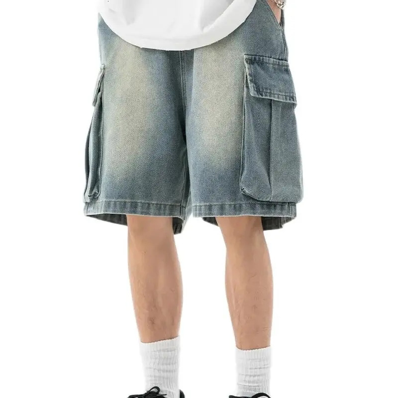 2024 Summer Mens Cargo Jean Shorts Korean Street fashion large pocket Denim Knee Length Wide Leg Y2K Clothing 240601