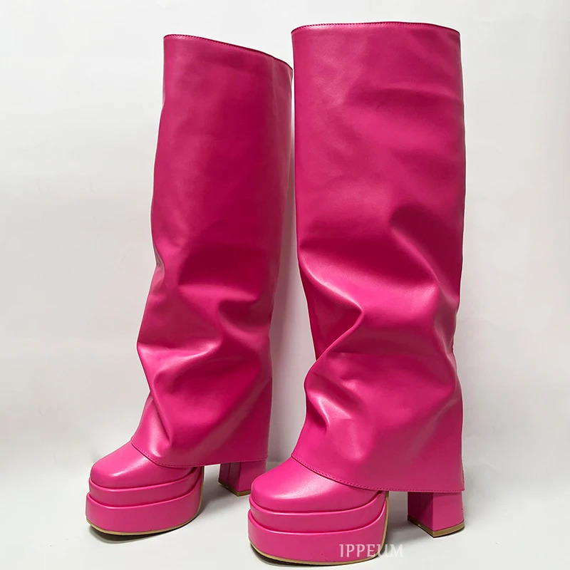 IPPEUM Fold Over Boots Women Orange Pink Block Heel Knee High Plus Size 43 Platform Shoes y2k botas plataforma mujer 240611