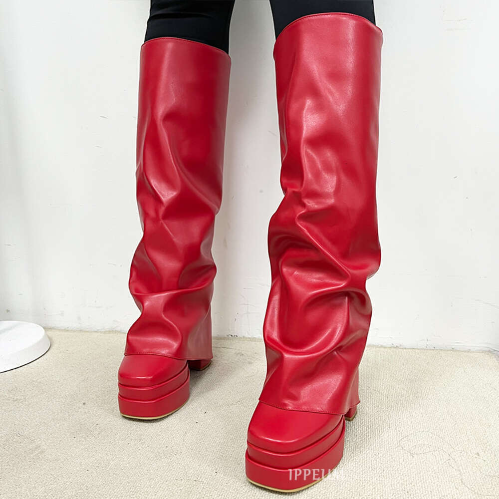 IPPEUM Fold Over Boots Women Orange Hot Pink Block Heel Knee High Plus Size 43 Platform Shoes Y2k Botas Plataforma Mujer