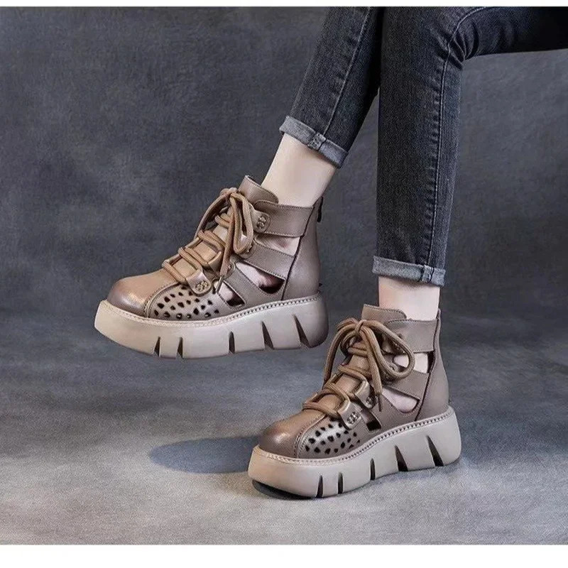 Handmade Retro Women Platform Sandals Pu Leather Hollow Baotou Wedges Gladiator Shoe Back Zipper Thick Bottom Cool Boot 240611