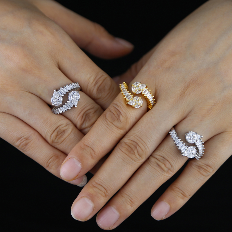 Geometric Round Water Drop CZ Adjustable Ring Sparking Bling 5A Cubic Zirconia Gold Color Women Finger Jewelry Fashion