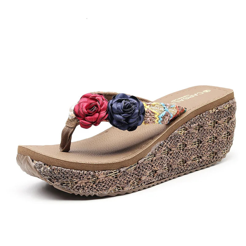 Summer Beach Sandals Womens Flower Flap Bohemian Beach Beaded Womens Wedge Sandals Non slip Outdoor Slippers 7cm High Heels 240611