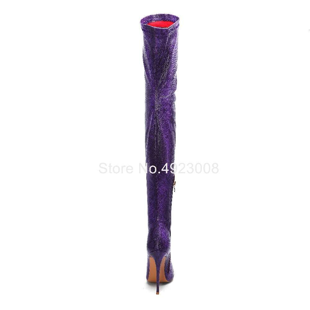 Over The Knee Thigh High Women Snake Print Special Elastic Boots Zip Purple Party Dress Sexy Club Shoes Woman
