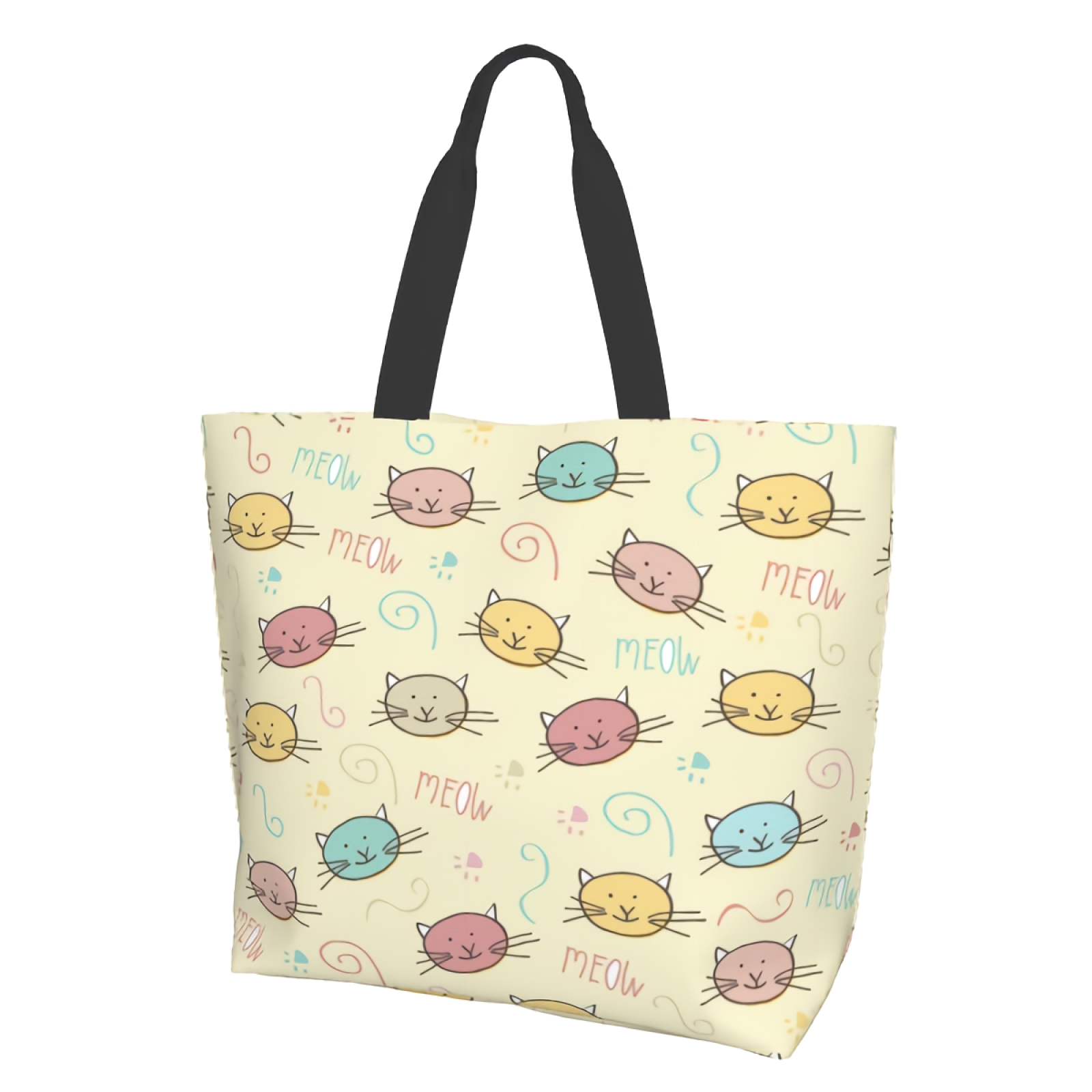 Cute Doodle Cats Meow Funny Vintage Cartoon Kitty Pet Print Canvas Tote Bag for Women Weekend Kitchen Reusable Grocery Bag