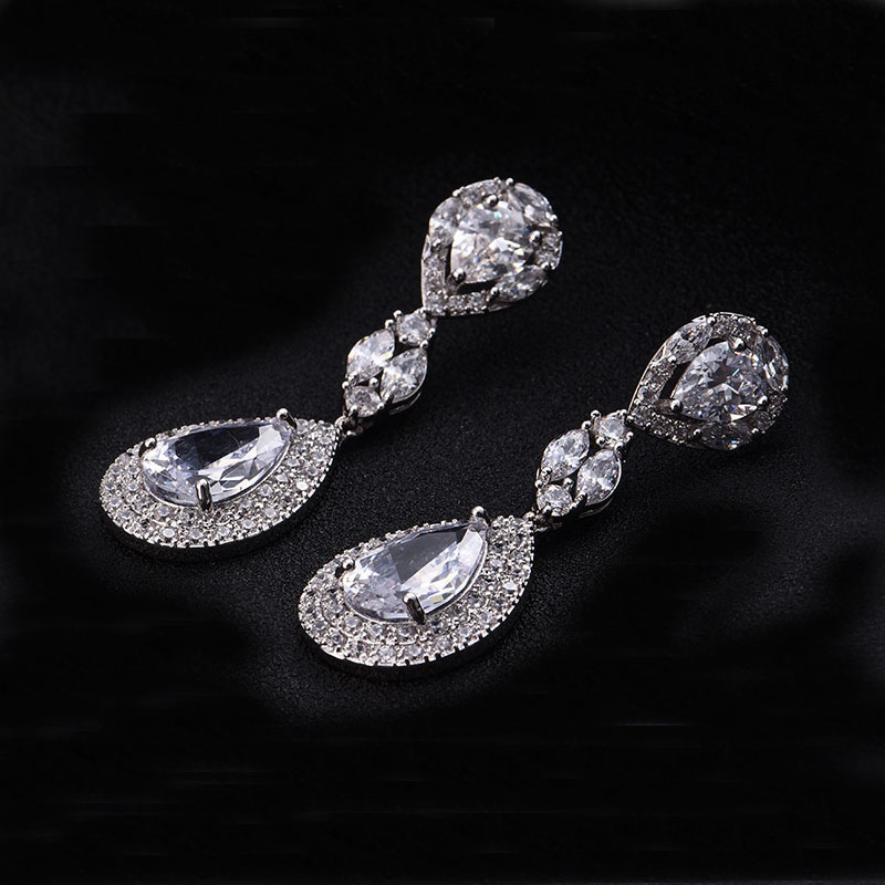 High Quality Women Party Jewelry Silver Color Water Drop Cubic Zirconia Clip On Earrings No Pierced Ear