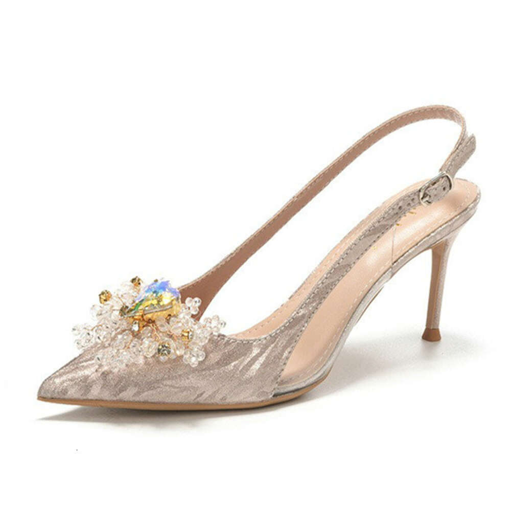 2024 New Fine Heel Pointy Dia Pumps Pearl Wedding Shoes Sparkles Baotou Glass Glue High-Heeled Sandals