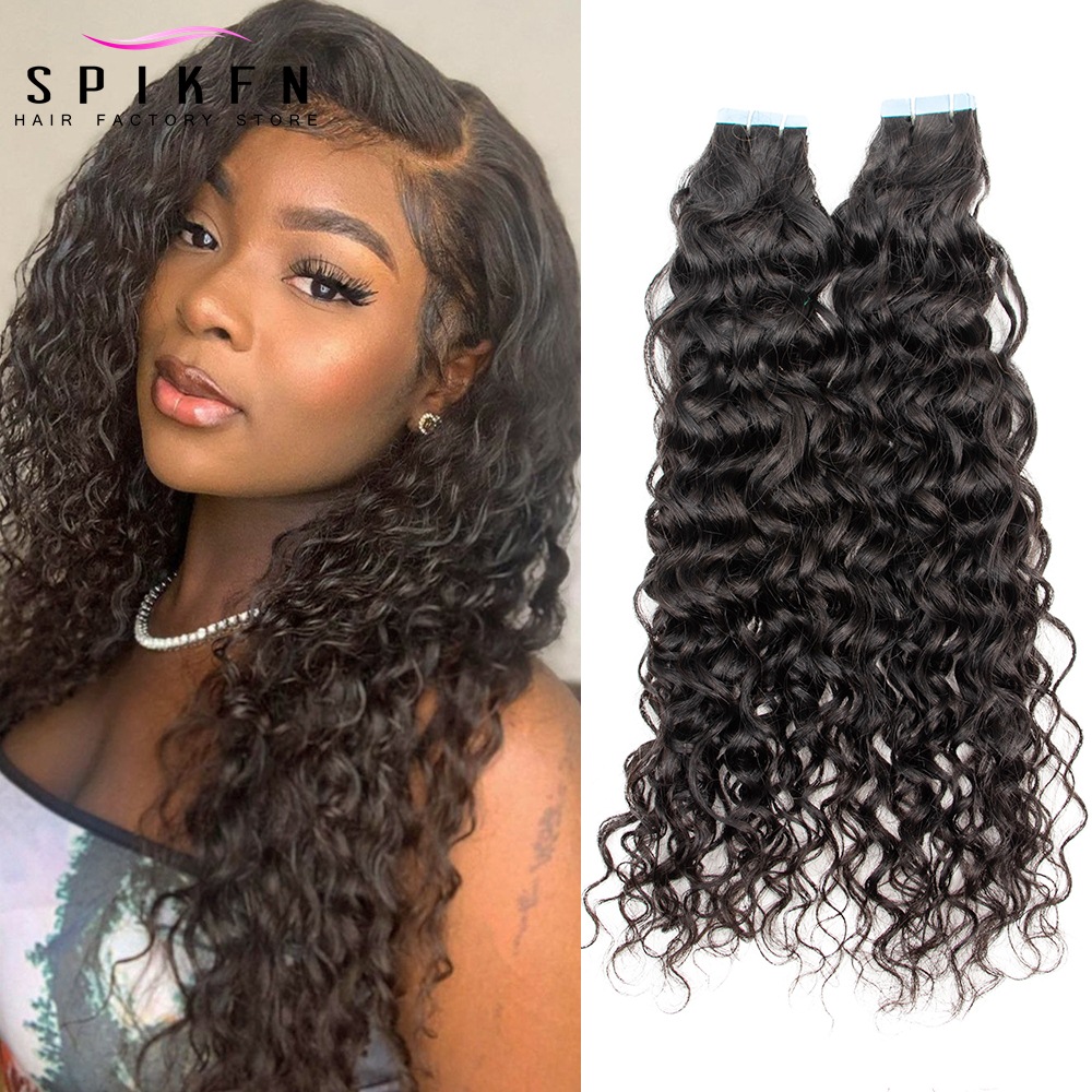 SPIKFN Tape Human Hair Extensions Water Wave 12-24 inches PU Skin Weft Tape in Water Curly Tape in Hair Extensions 20pcs