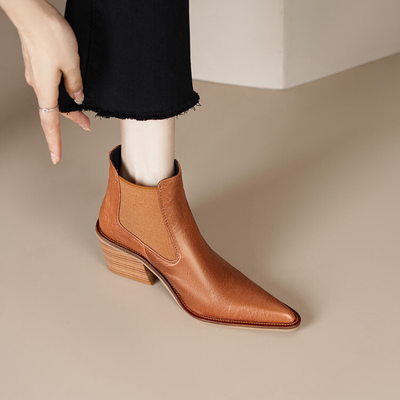 Autumn Boots Women Split Leather Shoes for Women Pointed Toe Ankle Boots Chunky Heel Shoes Western Boots казаки женские обувь