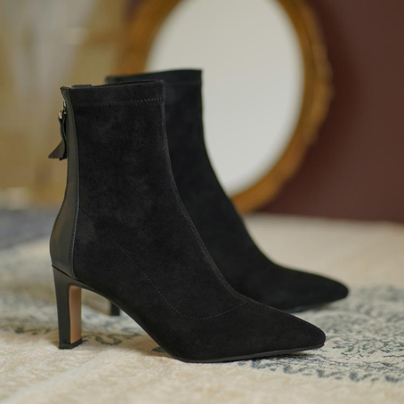 High Women Autumn Pointed Suede Ankle Boots Lady Stripper Winter Block Clear Heels Short Booties Apricot Black Prom Shoes 589e