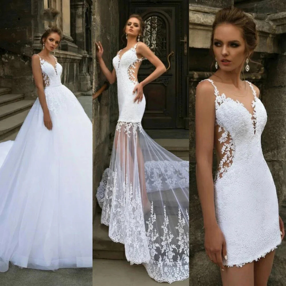 Sexy Backless Beach Mermaid Wedding Dresses With Detachable Skirt 3 In 1 Charming Long Bridal Gowns Lace Appliques Sleeveless 2024 Summer Illusion Ves