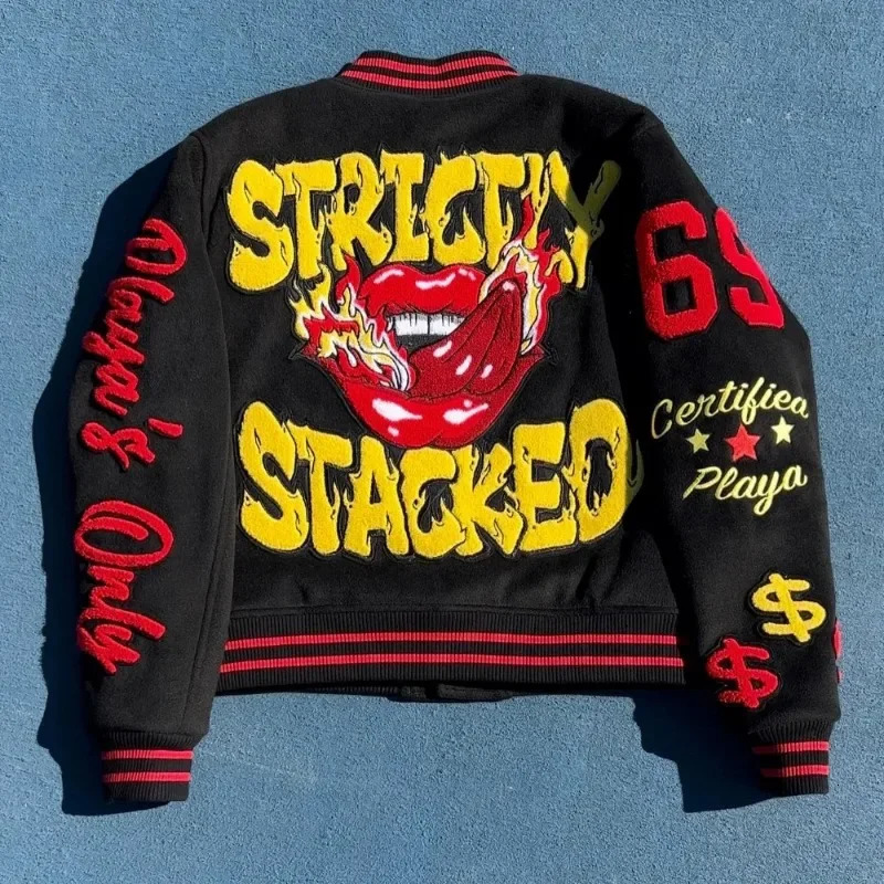 Harajuku Retro Hiphop Cartoon Letters Graphic American Y2k Embroidery Oversized Jacket Men Gothic Baseball Uniform Coats Top 240530