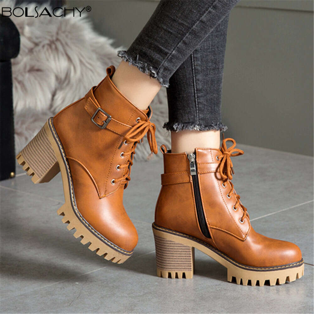 Boats Women 2024 New Winter Female High Heel Lace Up Ankle Boots Buckle Platform Artificial Leather Ladies Shoes Zapatos Mujer