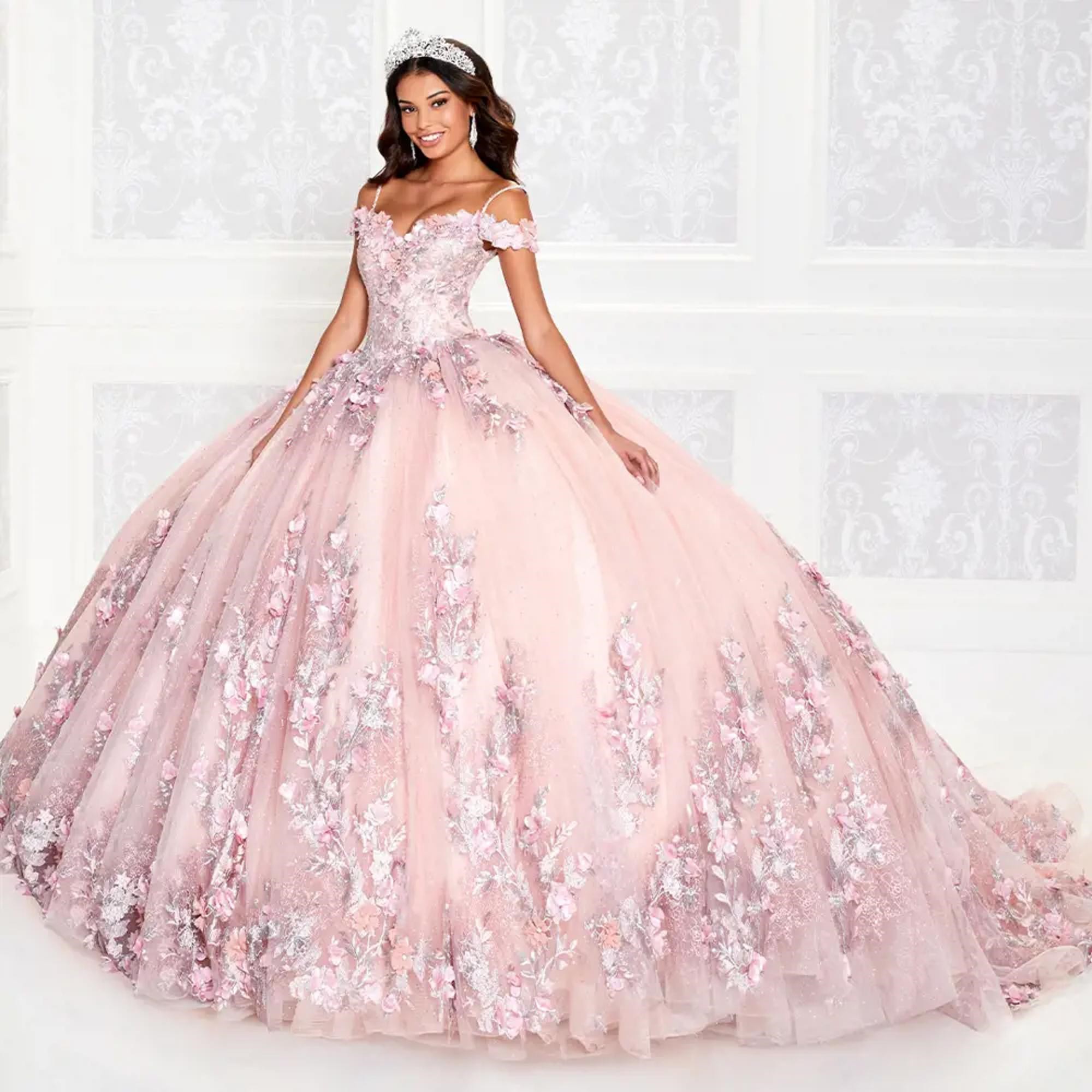 Pink Mexican Quinceanera Dresses Ball Gown Off The Shoulder Tulle Floral Puffy Charro Sweet 16 Dresses 15 Anos