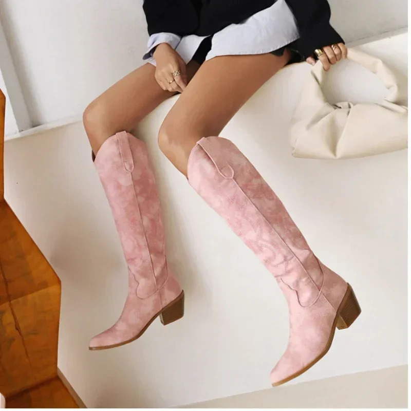 Pointed Toe Knight Boots for Women Brown PU Leather Knee High Boots Woman Autumn Winter Western Cowboy Long Botas Mujer 2024 240611